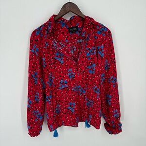 Saloni Scarlet Posey Silk Blouse Size 6 Tassels Printed Colorful Red Floral Top